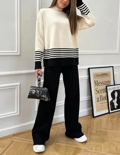 Miniatura 8 de Tanming Conjuntos de descanso para mujer, 2 piezas, suéter de punto, suéter y pantalones de pierna ancha