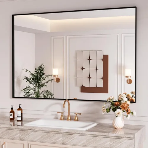 Miniatura 37 de Espejo de baño LED de 60x36 pulgadas con marco negro, espejos de baño retroiluminados y con luz frontal para pared, antiempañamiento, regulable