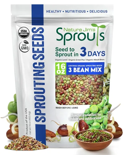Nature Jim's Sprouts - Mezcla de semillas de 3 frijoles, guisantes verdes orgánicos, lentejas y frijoles Adzuki para plantar, semillas de brotes