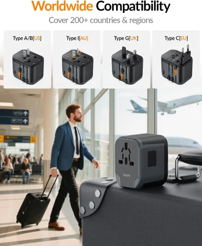 Miniatura 2 de SooPii Adaptador de viaje universal, convertidores de corriente con 1 USB C y 2 puertos USB A, adaptador de enchufe de viaje 7 en 1 cargador