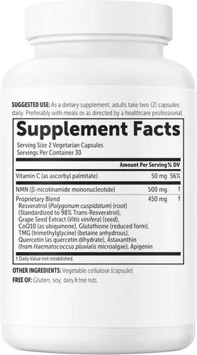 Miniatura 9 de Complejo NMN 1,000 mg por porción, 60 cápsulas vegetales 10 en 1 con mononucleótido de nicotinamida, vitamina C, resveratrol, CoQ10, TMG