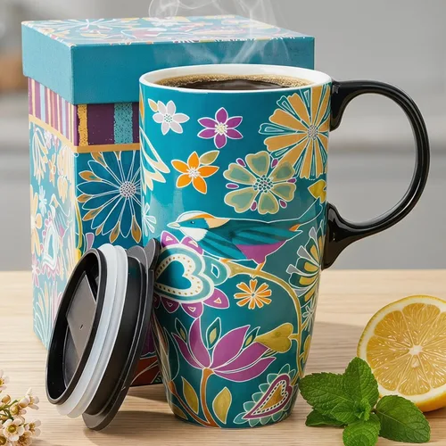 Topadorn Taza de cerámica para café, taza de té de porcelana con tapa, 17 oz, sinfonía floral, pájaro verde
