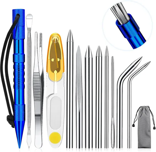 Miniatura 11 de Ferraycle Juego de 12 piezas para anudar paracord de acero inoxidable, juego de pasador paracord, agujas para coser, lacer y alisar para trabajo