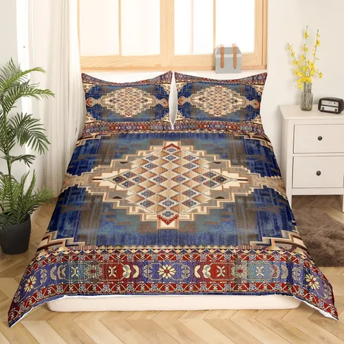 Juego de funda de edredón persa individual, juego de ropa de cama exótica bohemio, azul, amarillo, degradado, rojo, floral, bohemio, tribal, encaje,