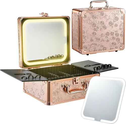 Miniatura 8 de Faquenc Estuche de maquillaje con espejo iluminado magnético, caja organizadora de maquillaje, estuche de cosméticos de viaje con espejo LED de 3