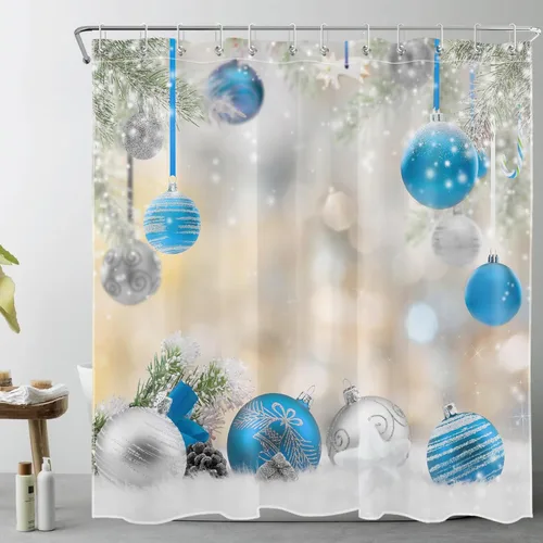 Miniatura 5 de LB Winter Christmas Shower Curtain Sets with Rugs Silver and Light Blue Xmas Ball in Winter Snow Scene Fabric Shower Curtain with Hooks New Year