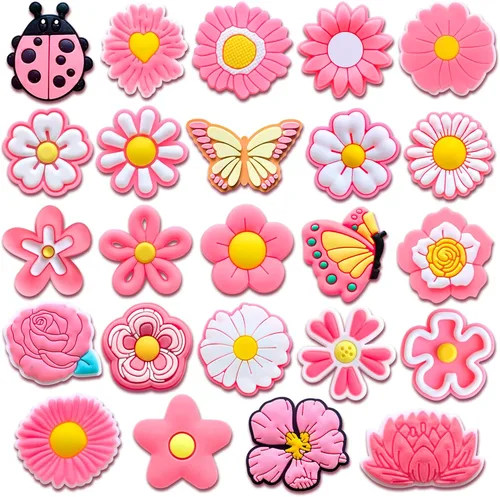 24 dijes de flores rosas para zapatos de zueco, sandalias, pulseras, dijes lindos, Metal no precioso., No es una piedra preciosa