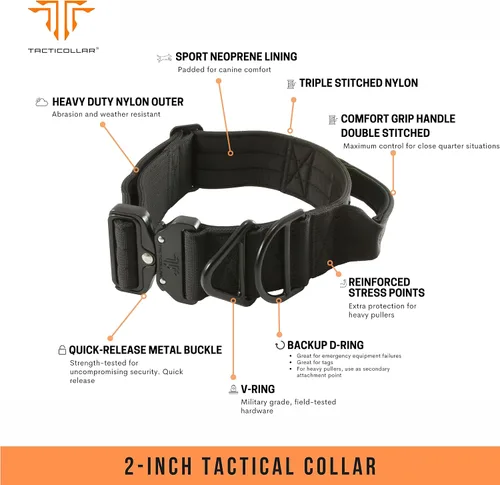 Miniatura 5 de Tacticollar - Collar táctico para perro de 2 pulgadas con asa para perros medianos y grandes, collar de nailon Mil Spec, hebilla de metal de Negro
