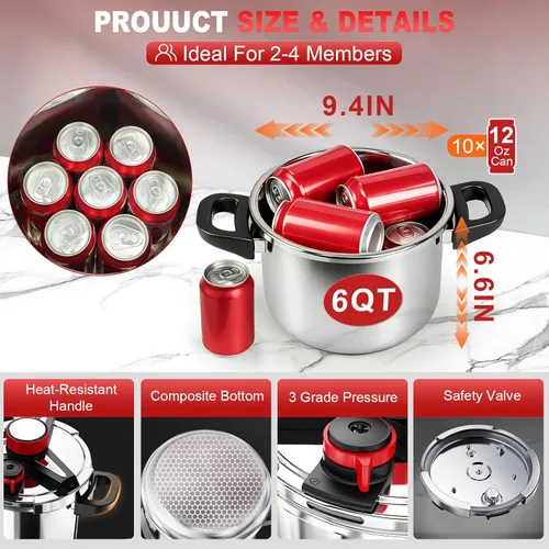 Miniatura 5 de Olla de Presion de acero inoxidable 18/8 de 6 cuartos de galón, [bloqueo con una mano] Olla de Presion, olla a presión [3 en 1], incluye tapa