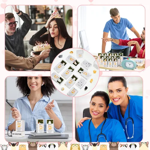 Miniatura 6 de Cinnvoice 12 juegos de minifiguras de resina positivas para fiestas de gatos, con cajas de soporte, recuerdos de fiesta a granel para empleados