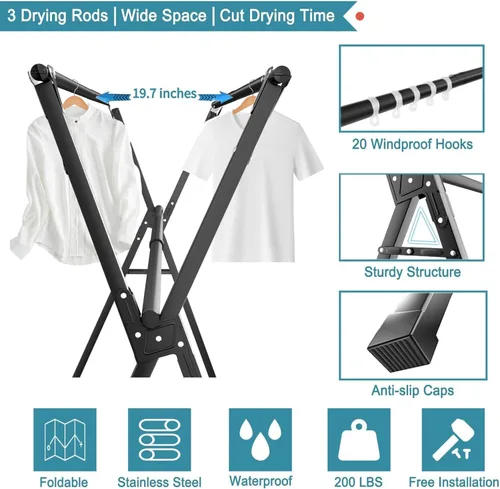 Miniatura 3 de JAUREE Estante de secado de ropa de 95 pulgadas, estante de secado plegable para interiores y exteriores, de acero inoxidable resistente, perchero
