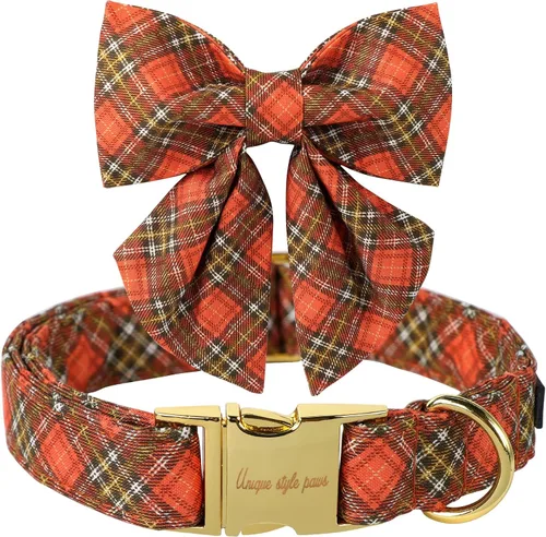 Miniatura 26 de Collar de perro de algodón con lazo floral a cuadros de Unique Style Paws, collar de perro colorido con lazo para perros pequeños, medianos y Plaid