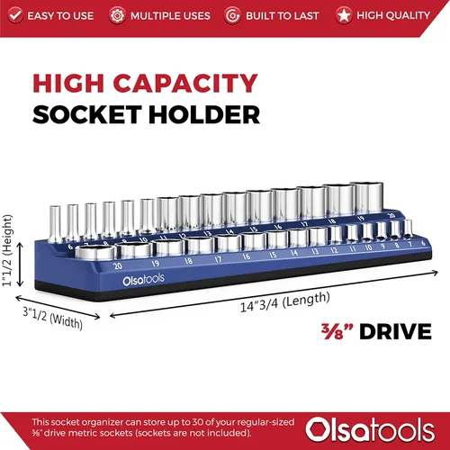 Miniatura 3 de Olsa Tools Soporte magnético para vasos Drive de 3/8 pulgadas Métrico Azul Capacidad para 30 vasos Organizador de herramientas de calidad