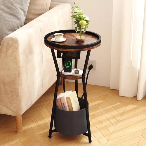 Miniatura 11 de Yusong Mesa auxiliar redonda, mesa pequeña para bebidas para espacios pequeños, mesa auxiliar industrial de 3 niveles, mesita de noche decorativa