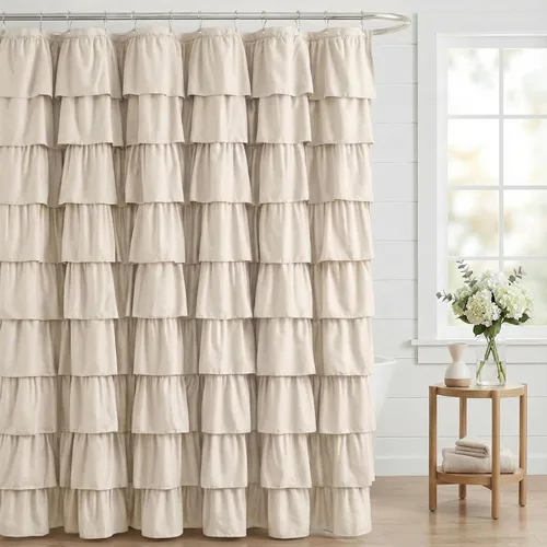 Miniatura 12 de Cortina de ducha Seasonwood de tela blanca con volantes, cortina de ducha estilo granja, cortinas de ducha de 72 x 84 pulgadas con botones y Blanco