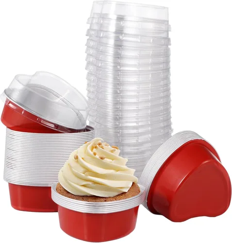 Miniatura 2 de 50 mini moldes para pasteles con tapas, mini latas para tartas, moldes de papel de aluminio en forma de corazón con tapas, recipiente para tartas
