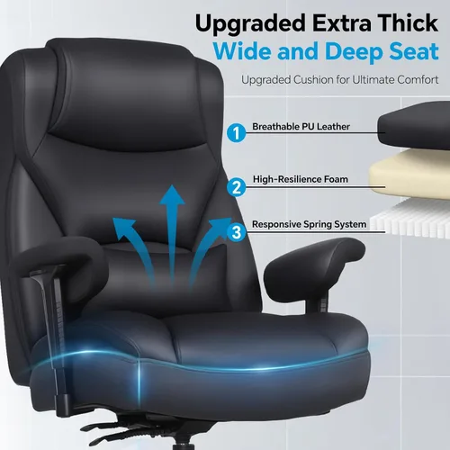 Miniatura 5 de Silla de escritorio de oficina grande y alta con reposabrazos de 5 posiciones, silla de oficina ejecutiva resistente de 650 libras, asiento extra