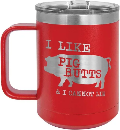 Miniatura 5 de Taza de café con tapa deslizante con texto en inglés "I Like Pig Butts 15 oz" Taza de café de viaje aislada Idea de regalo para barbacoa y Negro