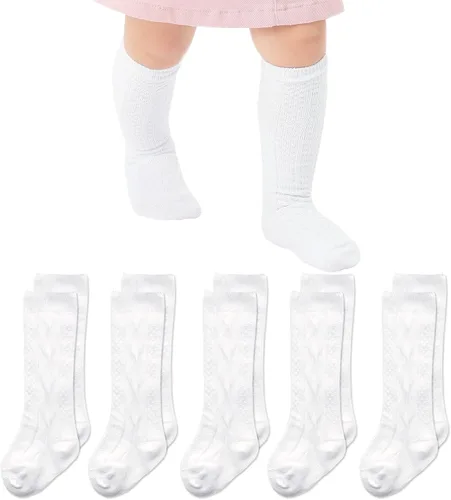 Miniatura 21 de Mini angel Calcetines altos hasta la rodilla para bebé, calcetines largos de punto trenzado, calcetines de algodón sin costuras, para recién 5 pares