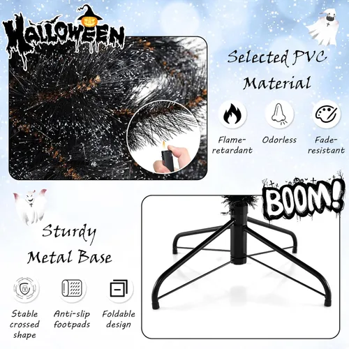 Miniatura 5 de Goplus - Árbol de Navidad artificial negro de 7 pies con luces preinstaladas, árbol de Halloween artificial, árbol de Navidad completo con bisagras