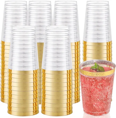Miniatura 10 de I00000 Paquete de 100 unidades de vasos de plástico dorado de 12 onzas, vasos desechables con borde dorado, vasos de vino desechables y copas