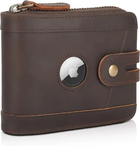 Polare - Cartera plegable de cuero de grano completo para hombre, con bloqueo RFID, ranura para AirTag y bolsillo YKK con cremallera para monedas,