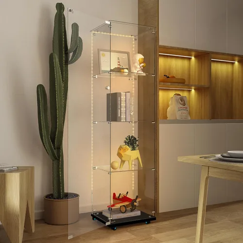 Miniatura 6 de Vitrina de cristal con 4 estantes con tira de luces LED y cerradura, vitrina de vitrina con ruedas y 1 puerta, vitrina de vidrio templado para sala