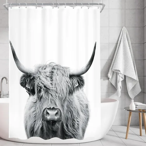 Miniatura 20 de AMBZEK - Cortina de ducha pequeña para establo con vaca de las tierras altas, 36 pulgadas de ancho x 72 pulgadas de largo, toro occidental, diseño