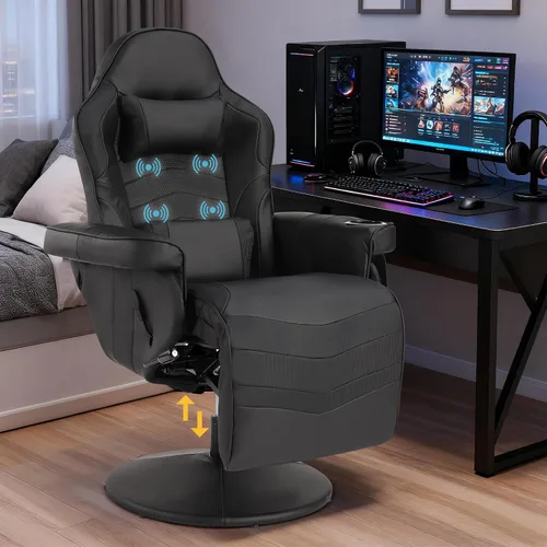 Silla reclinable con altura ajustable, silla de juegos de PU con masaje, reposapiés largo y soporte lumbar, silla giratoria de respaldo alto para