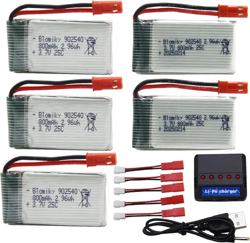 Blomiky Paquete de 5 baterías recargables de 3.7 V 800 mAh 25C Li-po JST y placa 4 en 1 para MJX X300C X400W X600 X800 RC Quadcopter Drone / 3.7V
