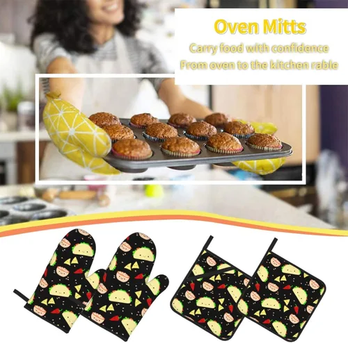Miniatura 7 de Juego de 4 manoplas de horno y soportes para ollas con estampado de tacos Kawaii, guantes resistentes al calor para cocina, hornear, asar a la Lindo