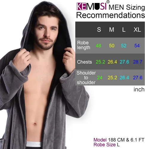 Miniatura 3 de KEMUSI Bata de baño de longitud completa suave con capucha para hombre, cómodo camisón cálido de longitud completa