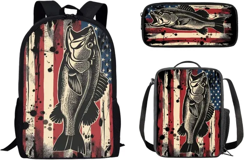 Paquete de 3 bolsas escolares con estampado de bandera estadounidense para niños, mochila de gran capacidad para laptop, con cremallera, estuche