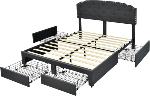 Miniatura 9 de Giantex Base de cama tapizada, cama de tamaño matrimonial con 4 cajones de almacenamiento y cabecera ajustable con botones, soporte de listones