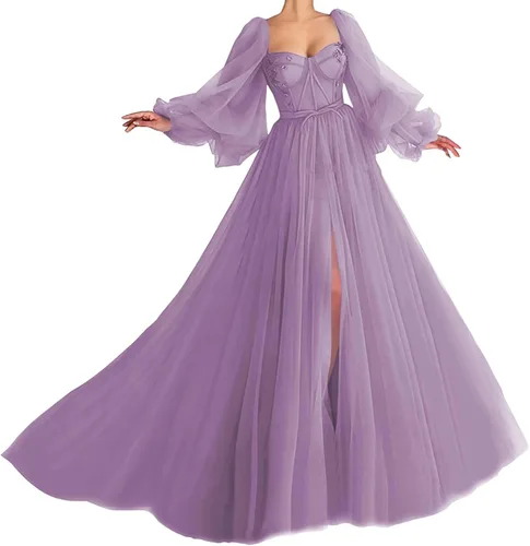 Vestidos de graduación de tul con manga abombada con abertura 2025, vestido largo de baile de novia, vestidos formales para mujer, fiesta de noche