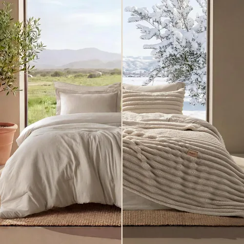 Bedsure Gentlesoft™ Juego de edredón individual 2 en 1 y manta esponjosa desmontable, juego de ropa de cama beige para uso en todas las estaciones,