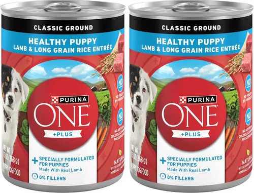 Miniatura 12 de Purina ONE Plus Alimento húmedo para cachorros, clásico cordero molido saludable y arroz de grano largo, plato principal - (Paquete de 12) latas