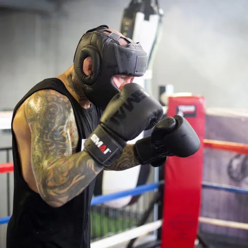 Miniatura 3 de SMAI Elite85 - Guantes de boxeo de cuero más envolturas de boxeo negras de 180 pulgadas, guantes de boxeo de competición hechos para sparring