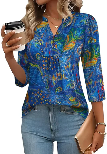 Miniatura 13 de IECCP Blusas de verano de manga 3/4 para mujer, estilo casual, cuello Henley, cuello en V, plisadas, ajuste holgado, blusas de trabajo