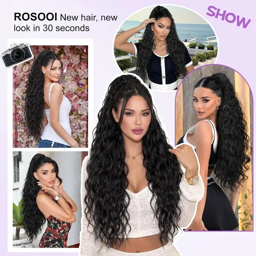 Miniatura 8 de Extensión de cola de caballo con cordón, extensión de cola de caballo larga y rizada para mujeres negras, extensiones de cabello negro de 26