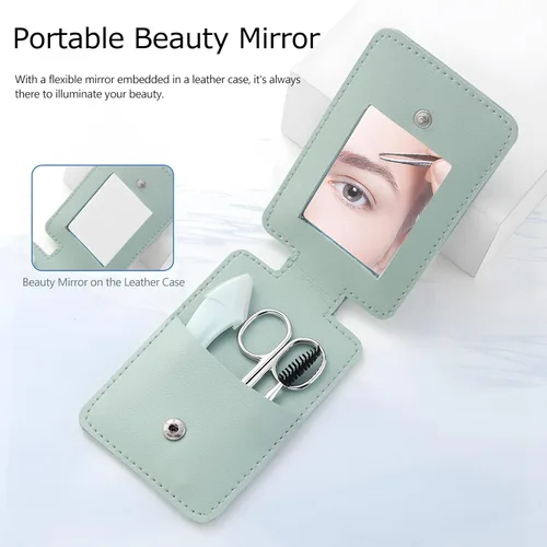 Miniatura 4 de Kit de recortador de cejas, juego 5 en 1 con tijeras para cejas, maquinilla de afeitar, pinzas, cepillo y espejo para mujer, incluye bolsa de cuero