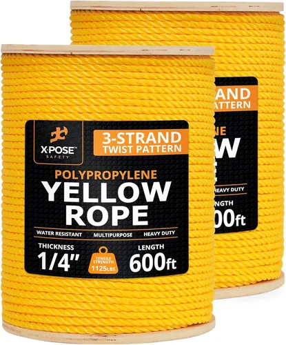 Miniatura 92 de Cuerda de polipropileno trenzado amarilla, 1/2 pulgada de grosor x 50 pies de largo, cuerdas de polietileno resistentes para uso en exteriores