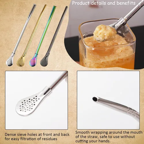 Miniatura 2 de 2 filtros de cuchara de acero inoxidable con 2 cepillos de limpieza, cuchara de té reutilizable para té suelto, paja de yerba mate, pajitas