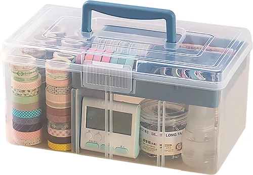 Caja Organizadora de Suministros de Artes y Manualidades de Plástico Transparente Grande con Bandeja Extraíble y Partición y Asa, Caja de