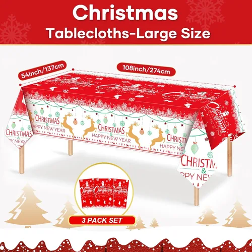 Miniatura 9 de Paquete de 3 manteles navideños desechables de plástico, manteles de mesa navideños rectangulares rojos para fiestas, con estampado de árbol