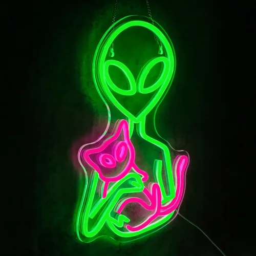 Miniatura 2 de Letrero de Neón Alienígena para Decoración de Pared Regulable Luces LED de Gatos Alienígenas para Dormitorio Luz de Neón Verde para Sala
