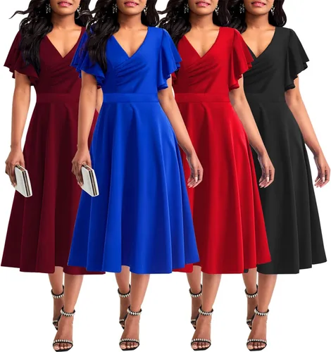 Miniatura 9 de shengfan Vestido largo de verano de manga corta para mujer, estilo casual, cuello en V profundo, vestido largo acampanado para fiesta de club