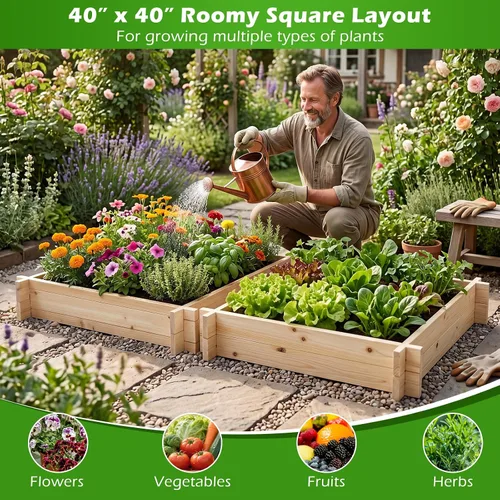 Miniatura 2 de Giantex Cama de jardín elevada de madera, 40 x 40 pulgadas, maceta cuadrada de madera de abeto con base abierta para verduras, flores, hierbas