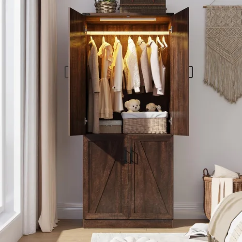 Miniatura 19 de Hlivelood Armario Ropero Estilo Granja de 75" de Alto con 2 Puertas con LED, Armario Independiente para Dormitorio con Barra para Colgar, Gabinete