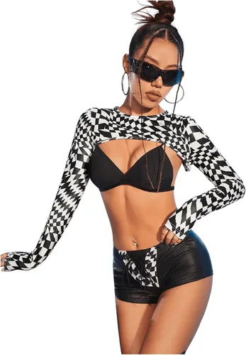 Miniatura 5 de SHENHE Camiseta corta con estampado gráfico de tablero de ajedrez para mujer, cuello redondo, manga larga